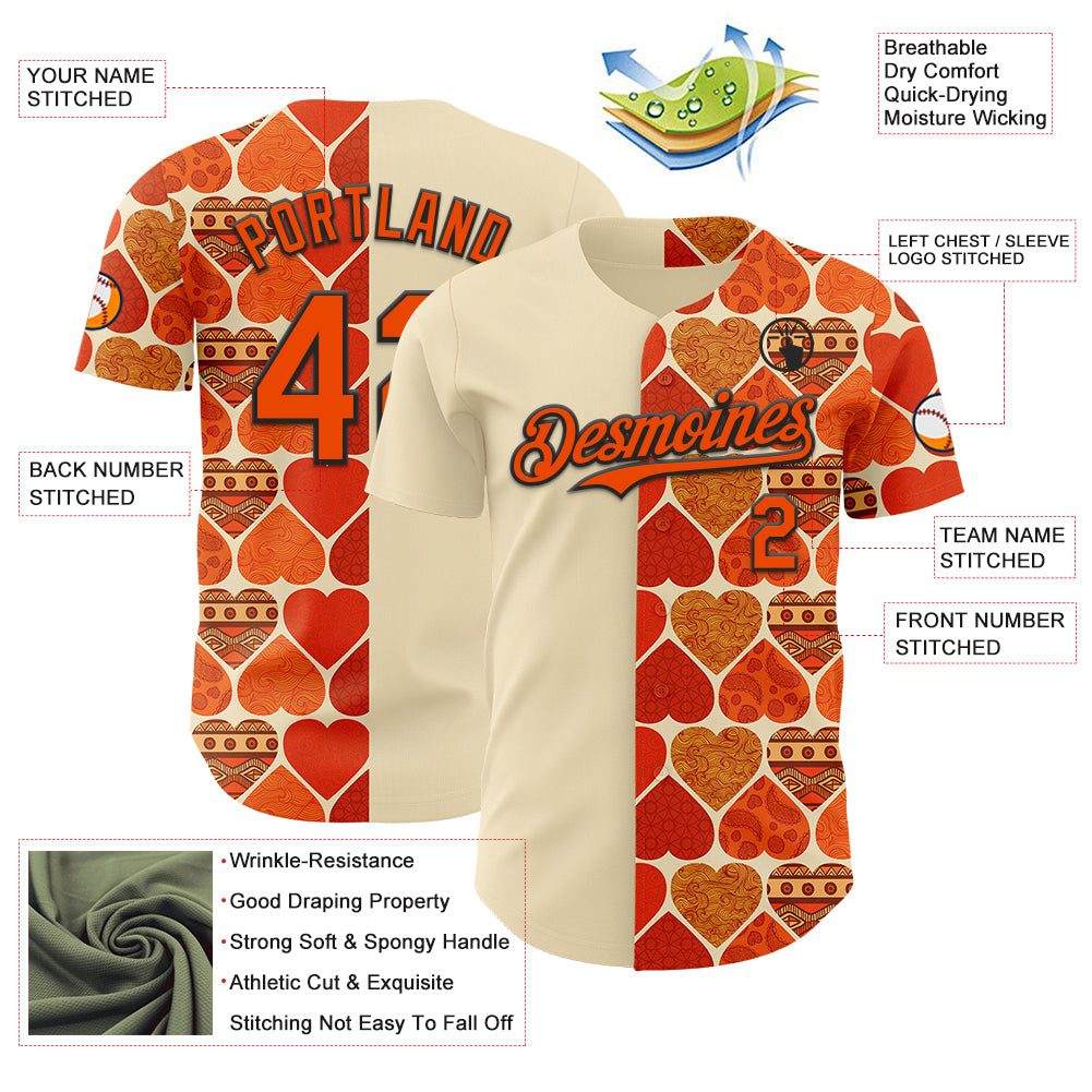 Custom Orange Cream-Black Valentine's Day Love Heart Authentic Baseball Jersey
