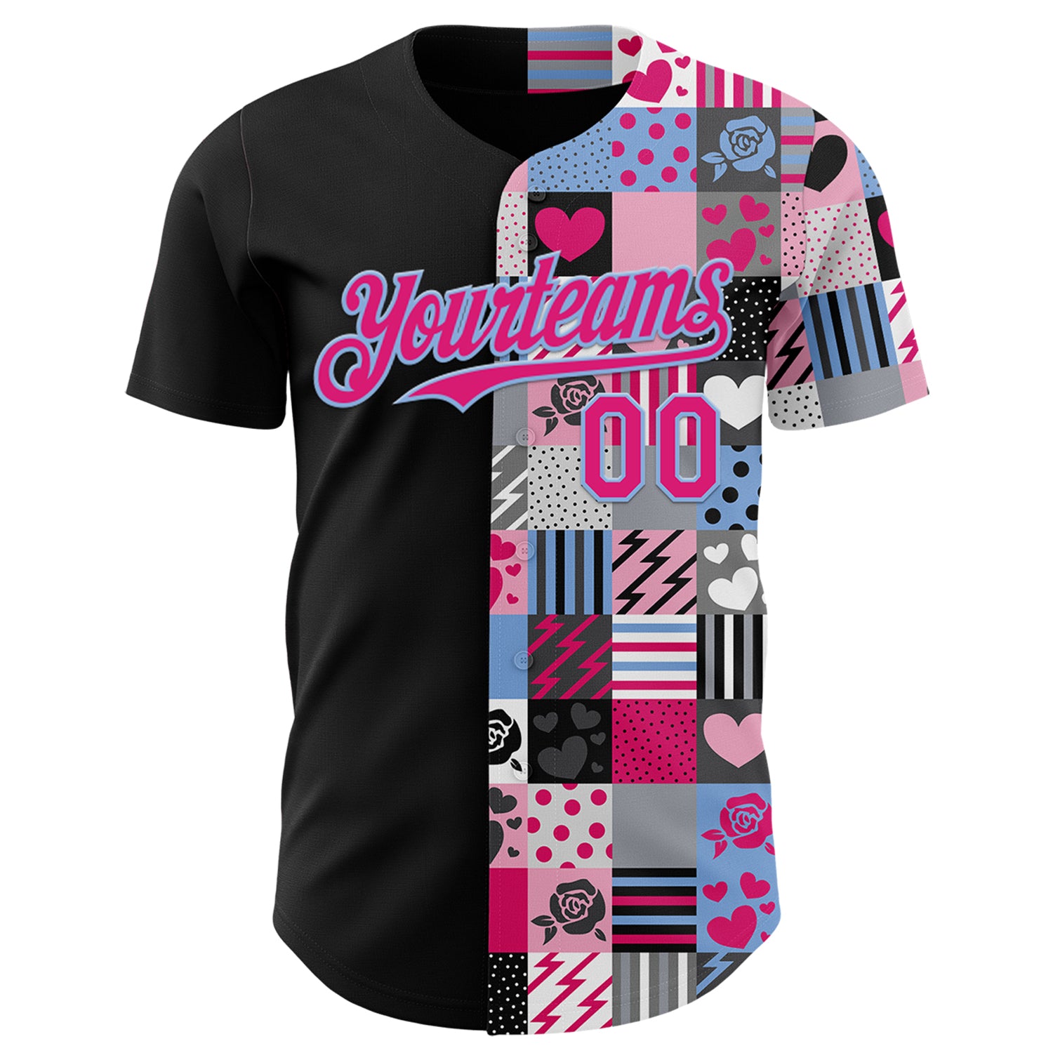Custom Black Hot Pink-Light Blue Valentine's Day Love Heart Authentic Baseball Jersey