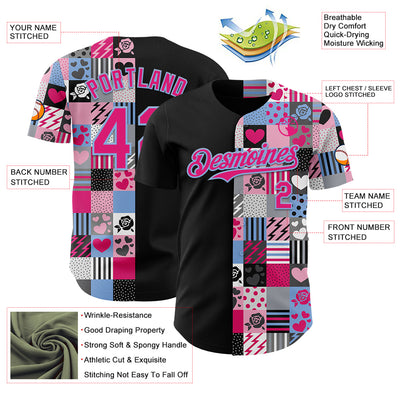 Custom Black Hot Pink-Light Blue Valentine's Day Love Heart Authentic Baseball Jersey