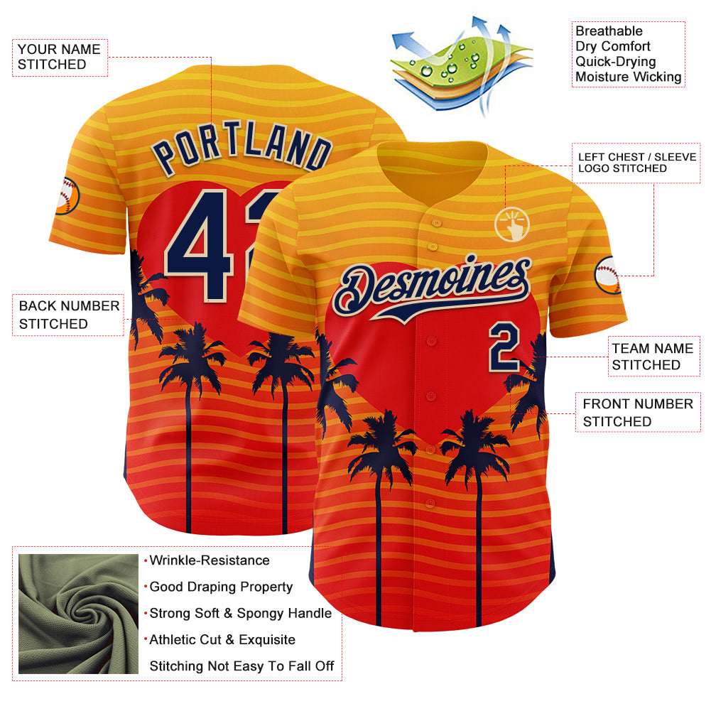Custom Yellow Navy Orange-Cream Valentine's Day Gradient Coconut Trees Authentic Baseball Jersey