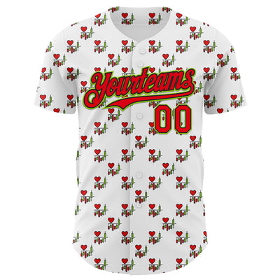 Custom White Fire Red Black-Neon Green Valentine's Day Love Heart Authentic Baseball Jersey