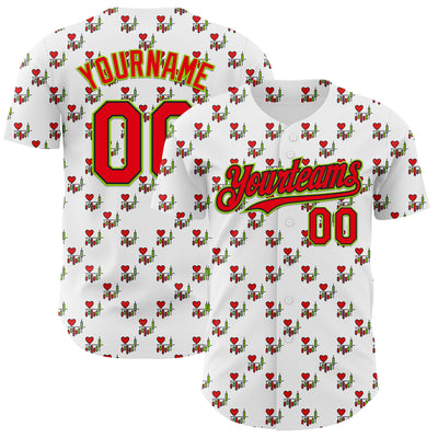 Custom White Fire Red Black-Neon Green Valentine's Day Love Heart Authentic Baseball Jersey