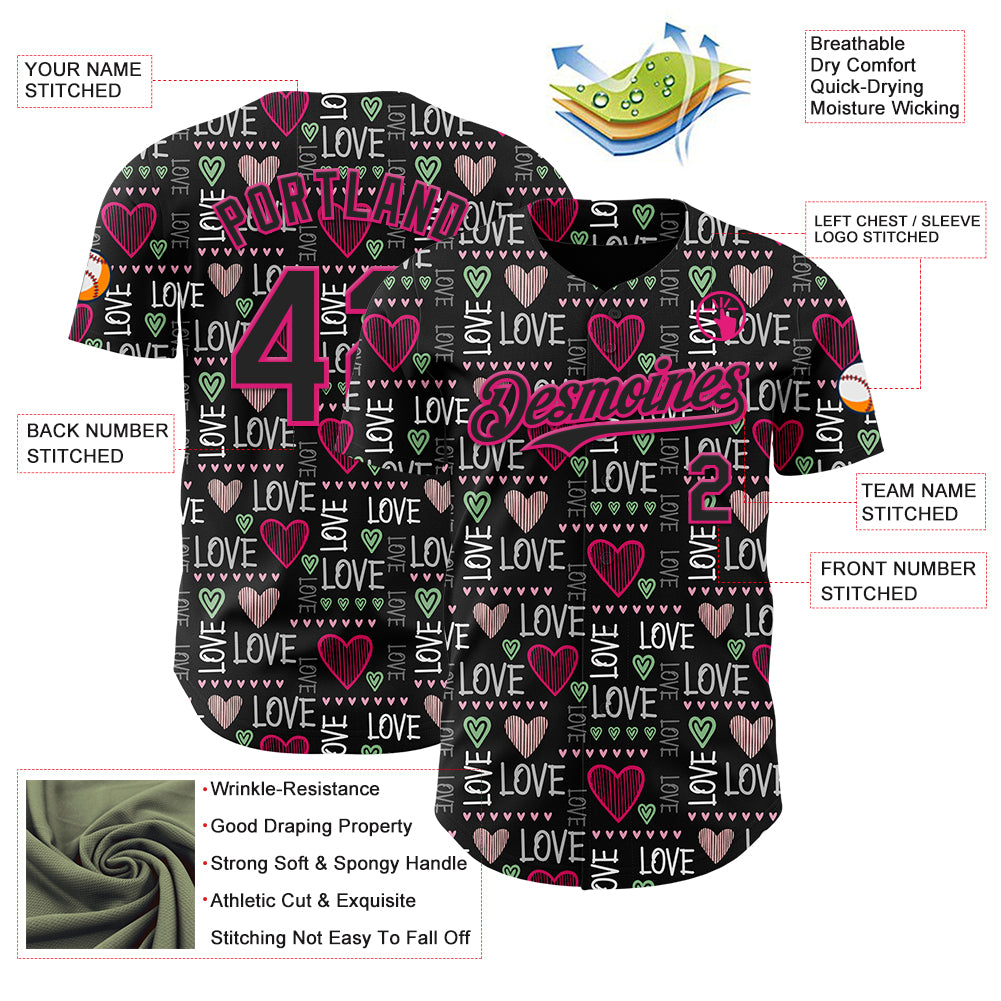 Custom Black Hot Pink Valentine's Day Love Heart Authentic Baseball Jersey