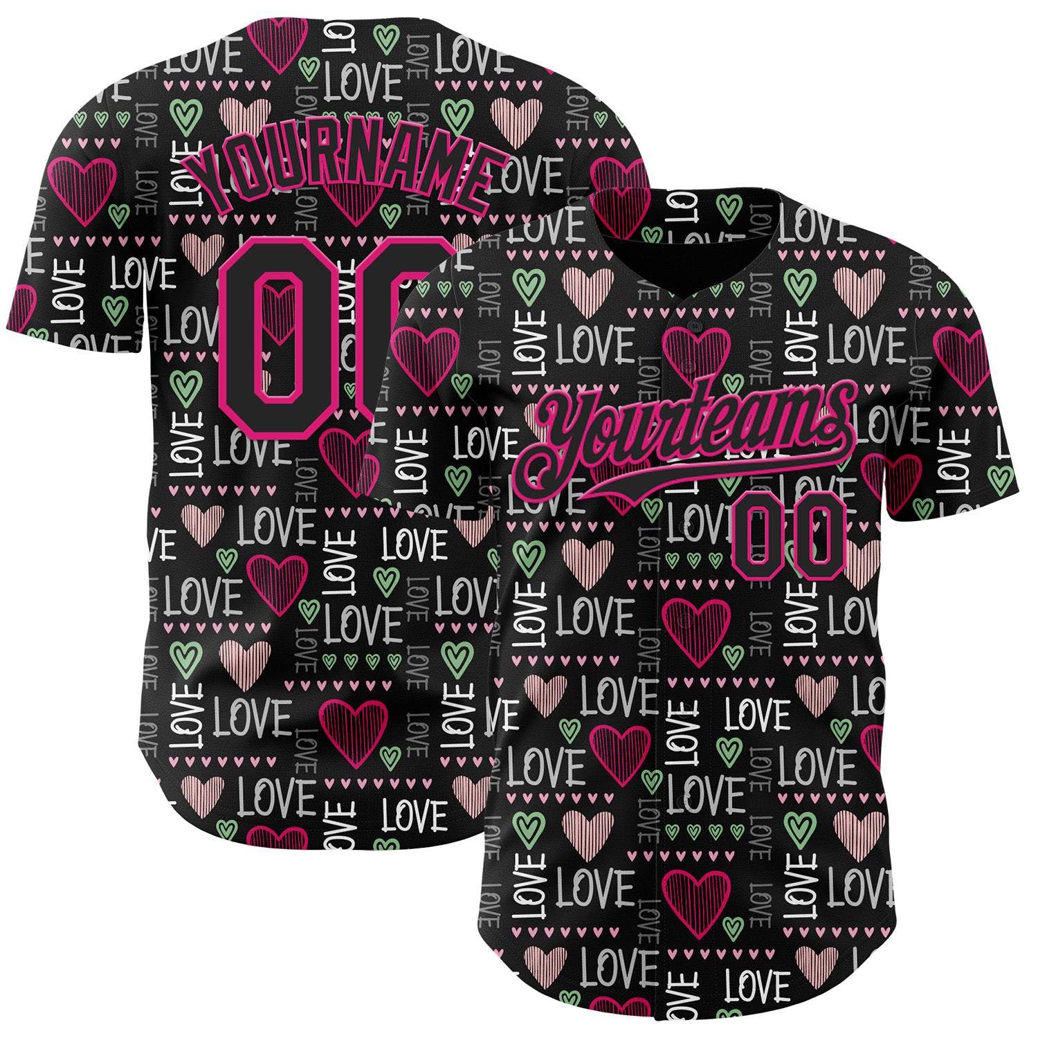 Custom Black Hot Pink Valentine's Day Love Heart Authentic Baseball Jersey