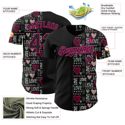 Custom Black Hot Pink Valentine's Day Love Heart Authentic Baseball Jersey