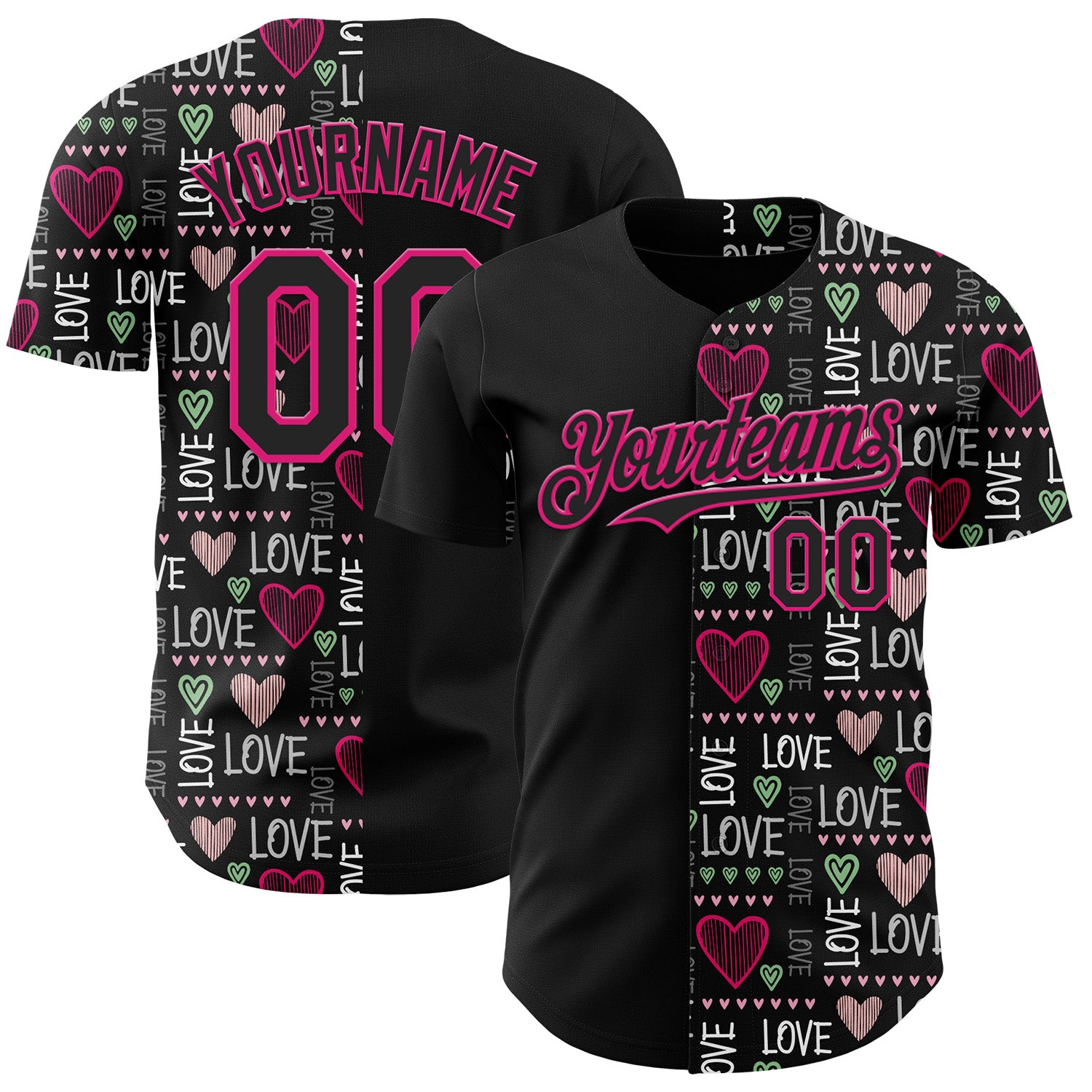 Custom Black Hot Pink Valentine's Day Love Heart Authentic Baseball Jersey