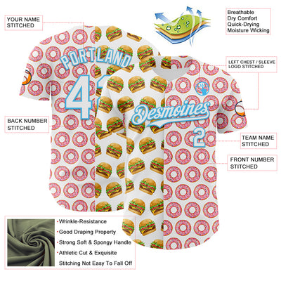 Custom White Sky Blue Valentine's Day Donut Meets Hamburger Authentic Baseball Jersey