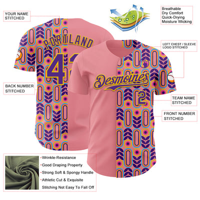 Custom Medium Pink Purple-Yellow Valentine's Day Flower Authentic Baseball Jersey