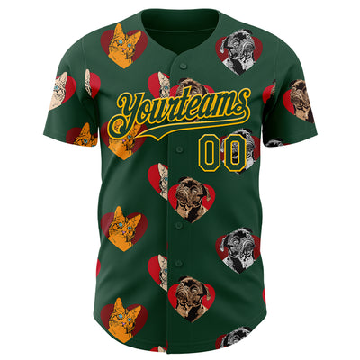 Custom Green Yellow Valentine's Day Love Heart Authentic Baseball Jersey