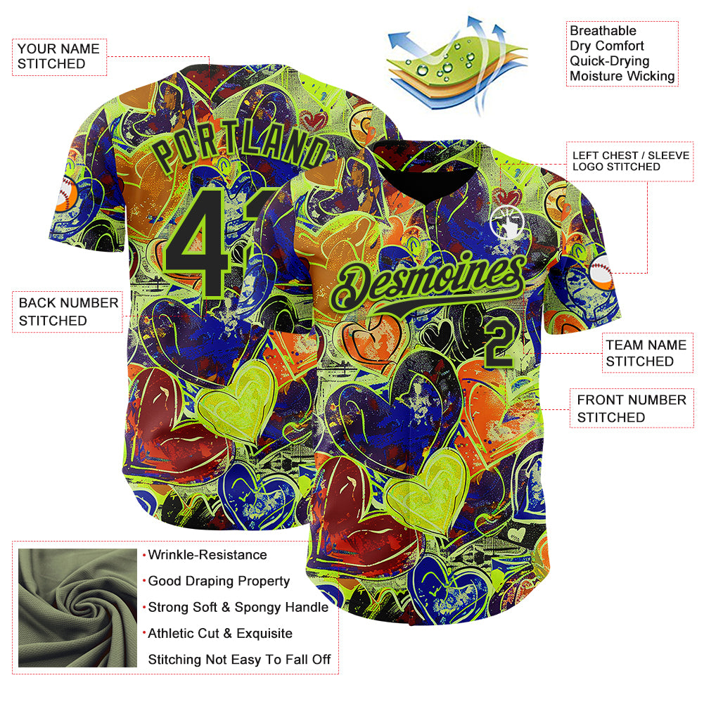Custom Black Neon Green Valentine's Day Love Heart Authentic Baseball Jersey
