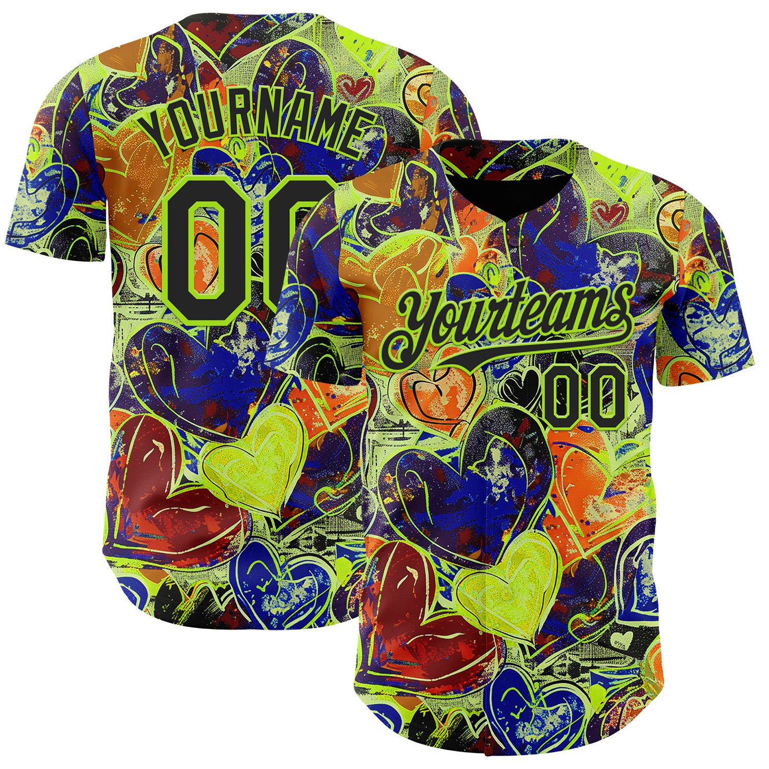 Custom Black Neon Green Valentine's Day Love Heart Authentic Baseball Jersey
