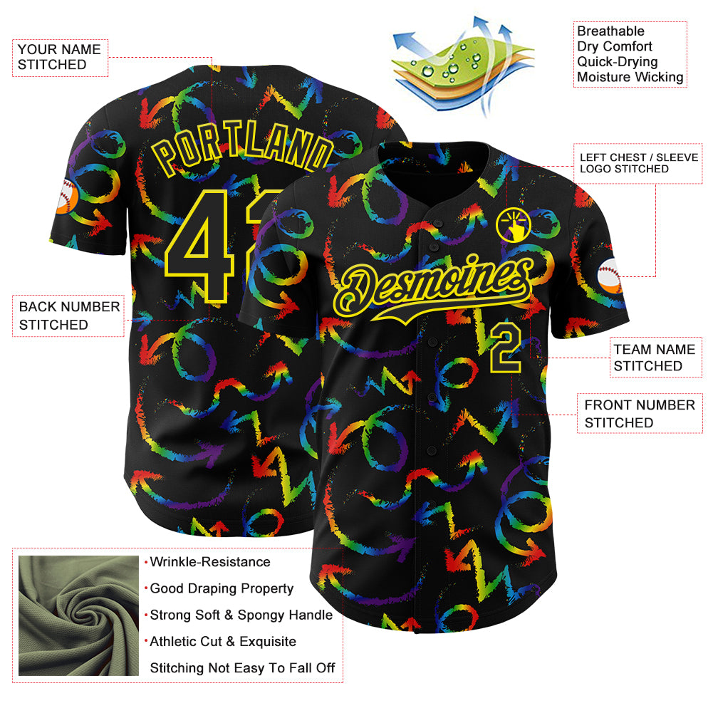 Custom Black Light Yellow Valentine's Day Arrow Pride Month Love Is Love Authentic Baseball Jersey