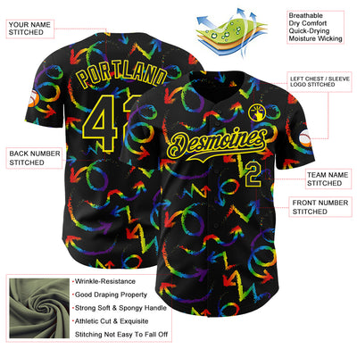 Custom Black Light Yellow Valentine's Day Arrow Pride Month Love Is Love Authentic Baseball Jersey