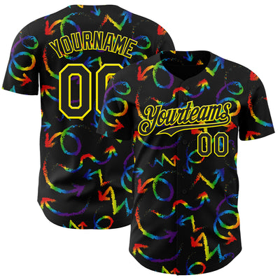Custom Black Light Yellow Valentine's Day Arrow Pride Month Love Is Love Authentic Baseball Jersey