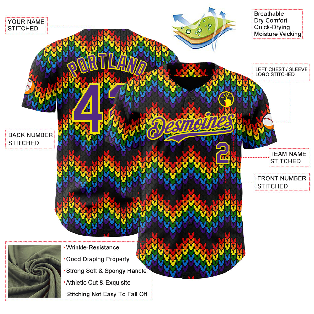 Custom Black Purple-Light Yellow Valentine's Day Love Heart Pride Month Love Is Love Authentic Baseball Jersey