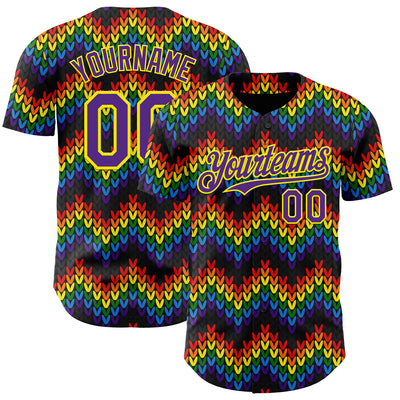 Custom Black Purple-Light Yellow Valentine's Day Love Heart Pride Month Love Is Love Authentic Baseball Jersey