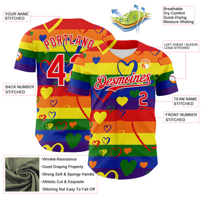 Custom Rainbow Fire Red-White Valentine's Day Love Heart Pride Month Love Is Love Authentic Baseball Jersey