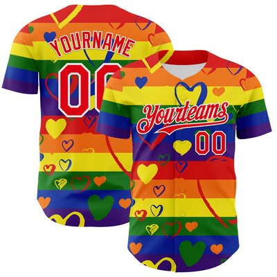 Custom Rainbow Fire Red-White Valentine's Day Love Heart Pride Month Love Is Love Authentic Baseball Jersey