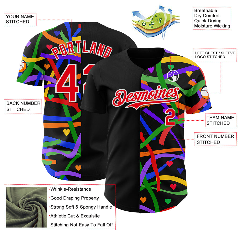 Custom Black Fire Red-White Valentine's Day Love Heart Pride Month Love Is Love Authentic Baseball Jersey