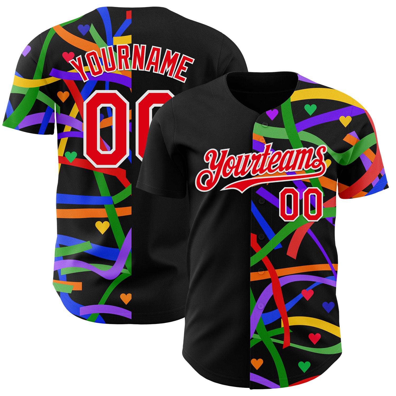Custom Black Fire Red-White Valentine's Day Love Heart Pride Month Love Is Love Authentic Baseball Jersey