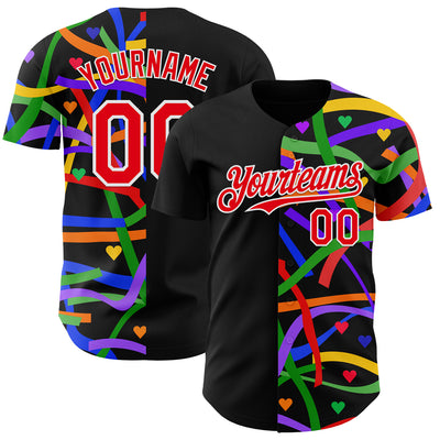 Custom Black Fire Red-White Valentine's Day Love Heart Pride Month Love Is Love Authentic Baseball Jersey