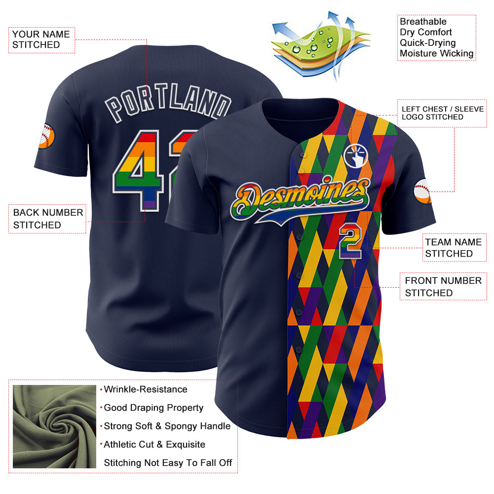 Custom Navy Rainbow-White Valentine's Day Pride Month Love Is Love Authentic Baseball Jersey