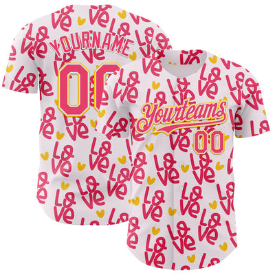 Custom Light Pink Neon Pink Yellow-White Valentine's Day Love Heart Authentic Baseball Jersey