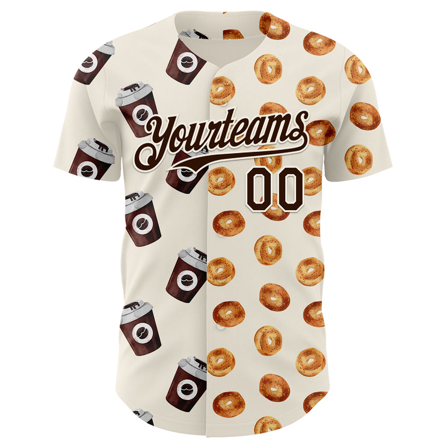 Custom Cream Brown Valentine's Day Bagel Meets Coffee Authentic Baseball Jersey