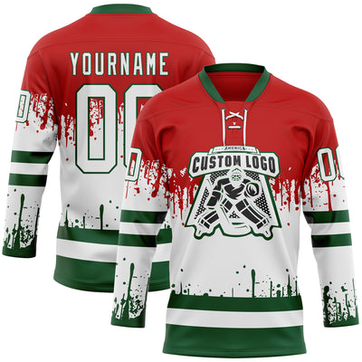 Custom Red White-Green Abstract Splatter Paint Mexico Christmas Hockey Lace Neck Jersey
