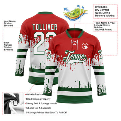 Custom Red White-Green Abstract Splatter Paint Mexico Christmas Hockey Lace Neck Jersey