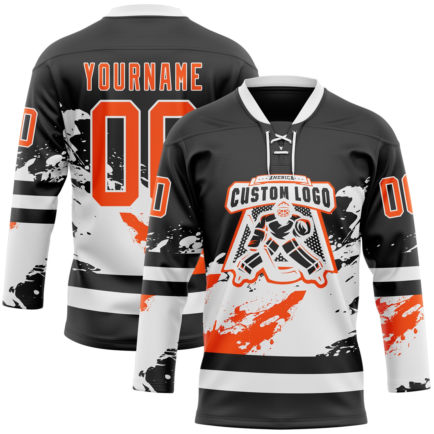 Custom Black Orange-White Abstract Splatter Paint Hockey Lace Neck Jersey
