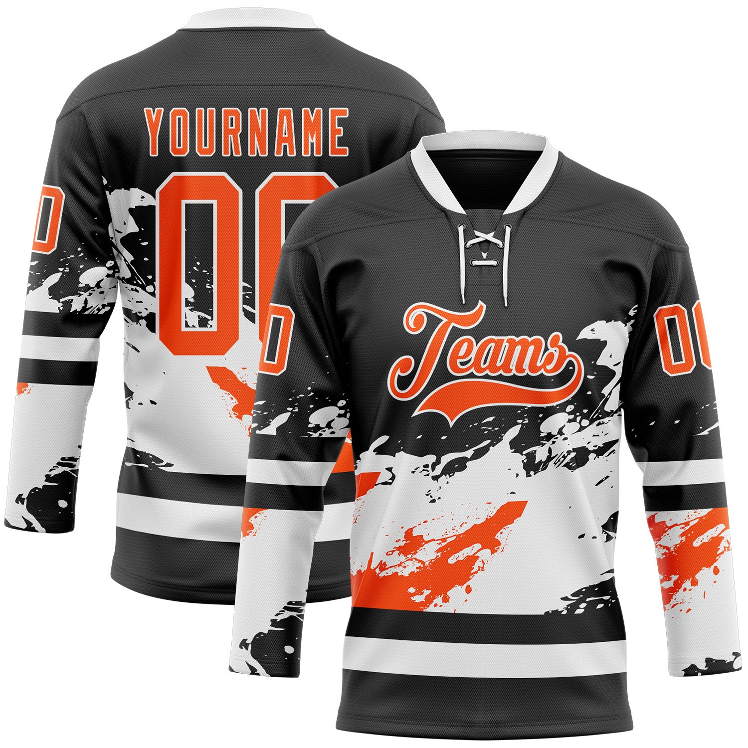 Custom Black Orange-White Abstract Splatter Paint Hockey Lace Neck Jersey