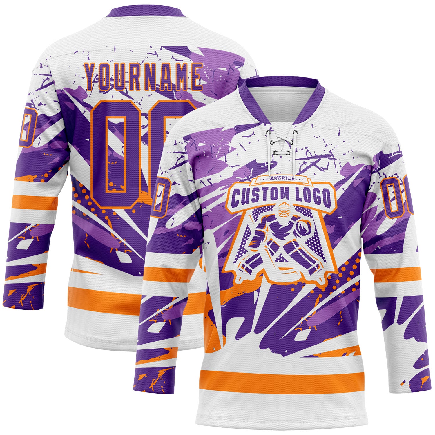 Custom White Purple-Bay Orange Abstract Splatter Paint Hockey Lace Neck Jersey