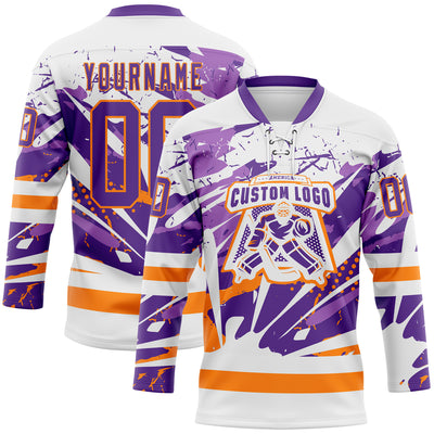 Custom White Purple-Bay Orange Abstract Splatter Paint Hockey Lace Neck Jersey
