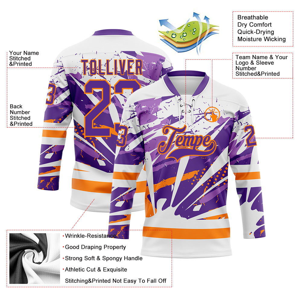 Custom White Purple-Bay Orange Abstract Splatter Paint Hockey Lace Neck Jersey