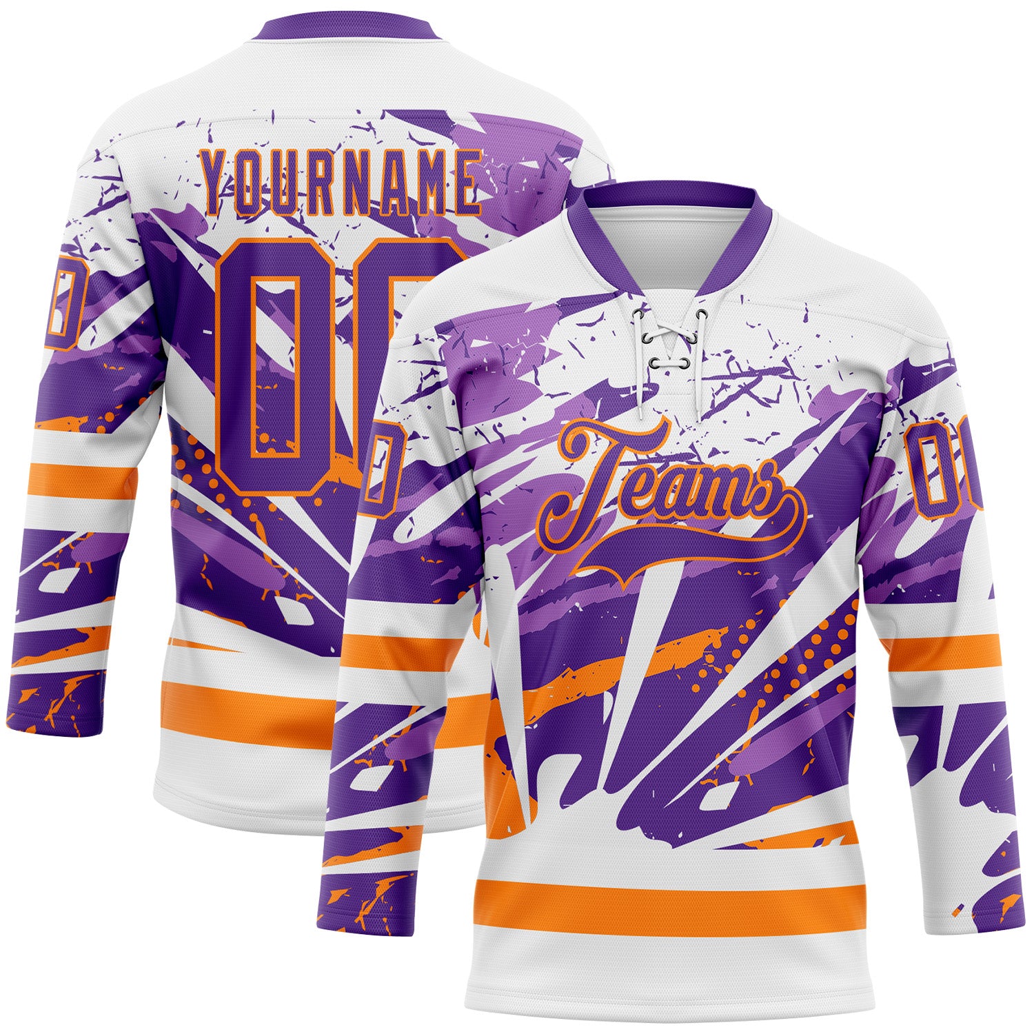 Custom White Purple-Bay Orange Abstract Splatter Paint Hockey Lace Neck Jersey