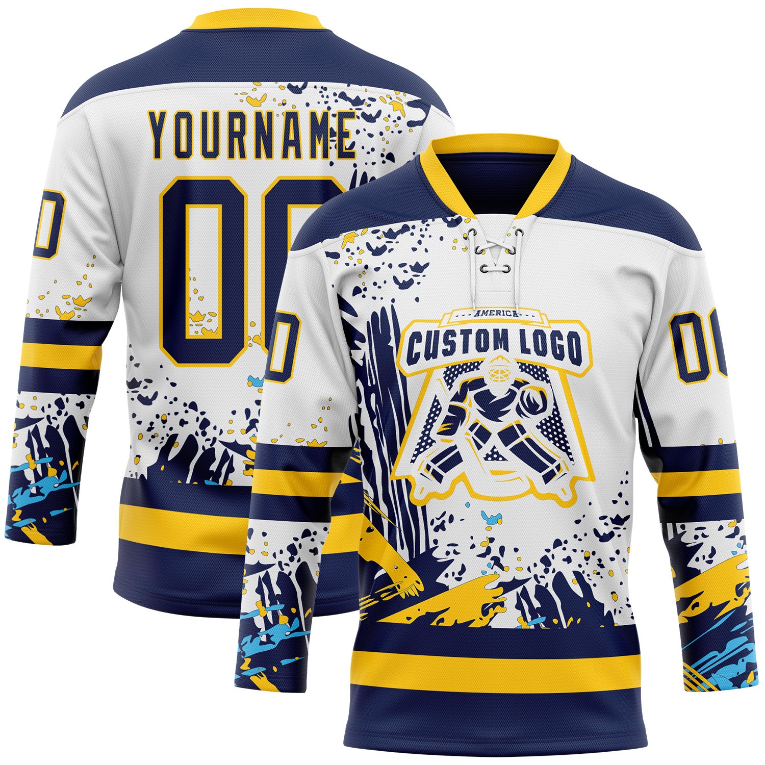 Custom White Navy-Yellow Abstract Splatter Paint Hockey Lace Neck Jersey