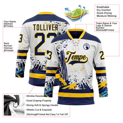 Custom White Navy-Yellow Abstract Splatter Paint Hockey Lace Neck Jersey