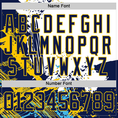 Custom White Navy-Yellow Abstract Splatter Paint Hockey Lace Neck Jersey