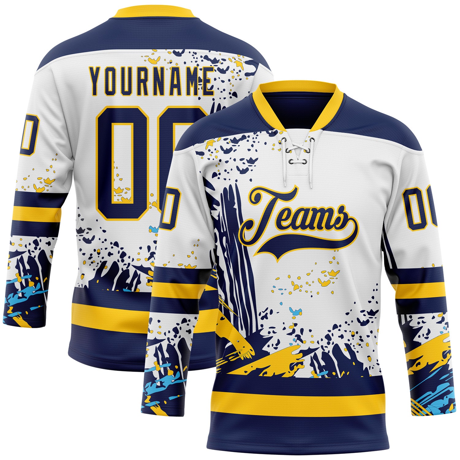 Custom White Navy-Yellow Abstract Splatter Paint Hockey Lace Neck Jersey