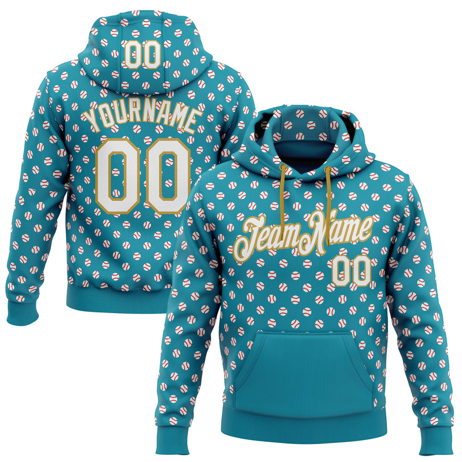 Custom Stitched Teal White-Old Gold Baseball Game Day Jacksonville Inspired Sports Pullover Sweatshirt Hoodie
