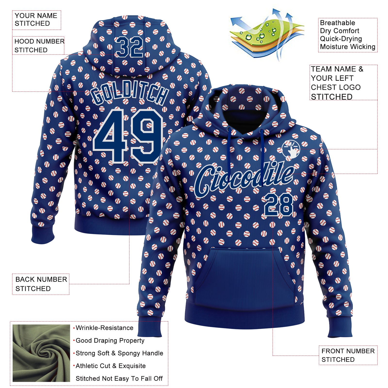 Custom Stitched US Navy Blue White Baseball Game Day Indianapolis Inspired Sports Pullover Sweatshirt Hoodie