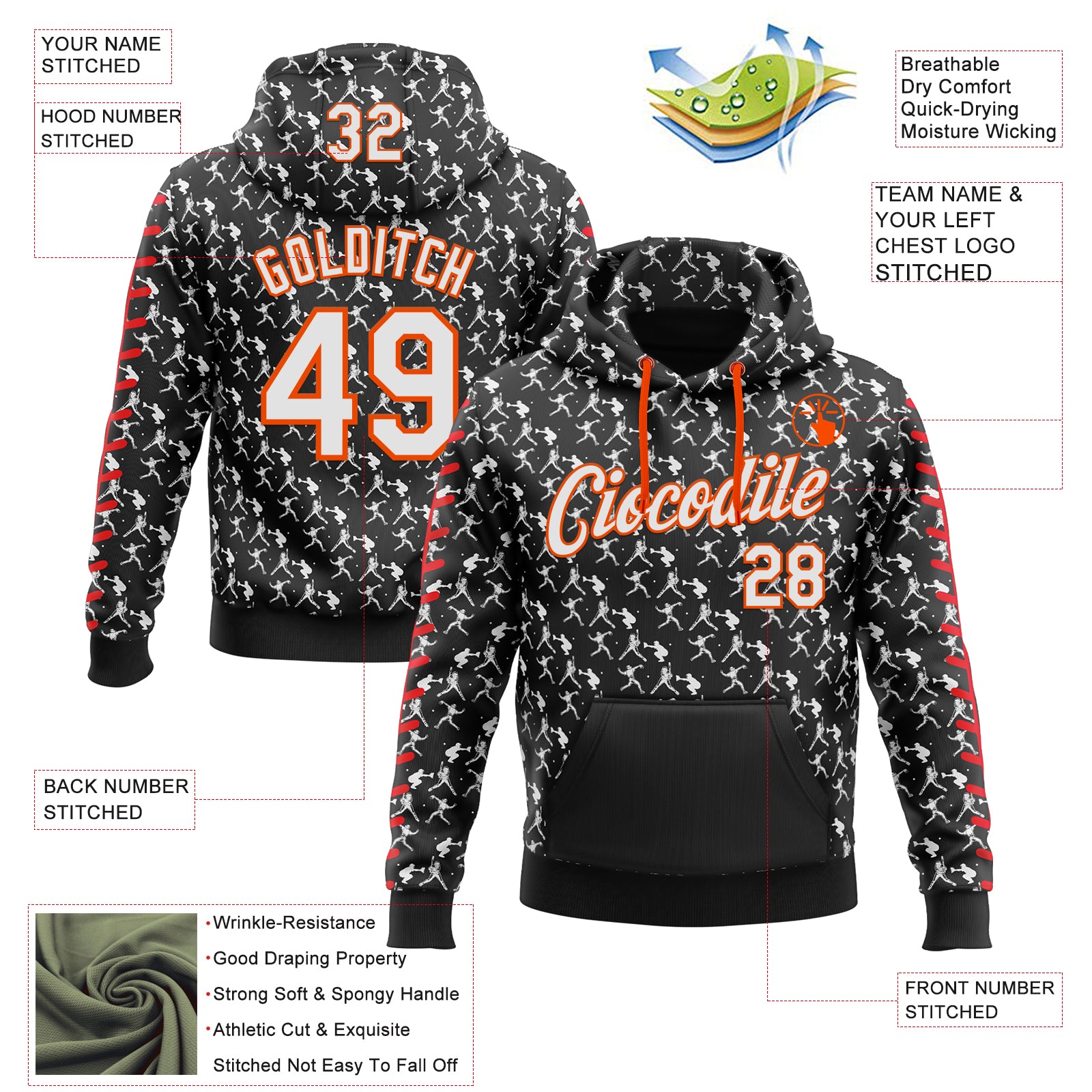 Custom Stitched Black White Orange-Red Baseball Game Day Cincinnati Inspired Sports Pullover Sweatshirt Hoodie