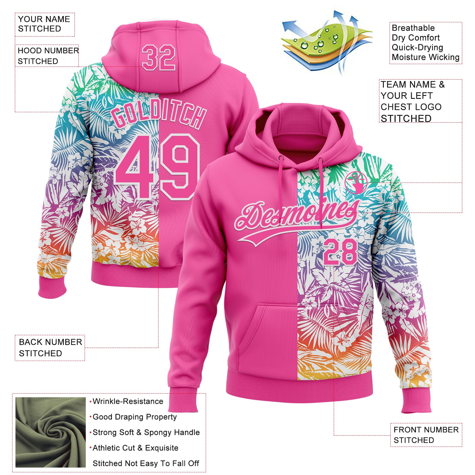 Custom Stitched Pink White Tropical Hawaii Palm Leaves Sports Pullover Sweatshirt Hoodie