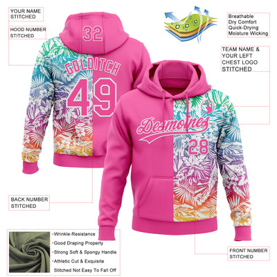 Custom Stitched Pink White Tropical Hawaii Palm Leaves Sports Pullover Sweatshirt Hoodie