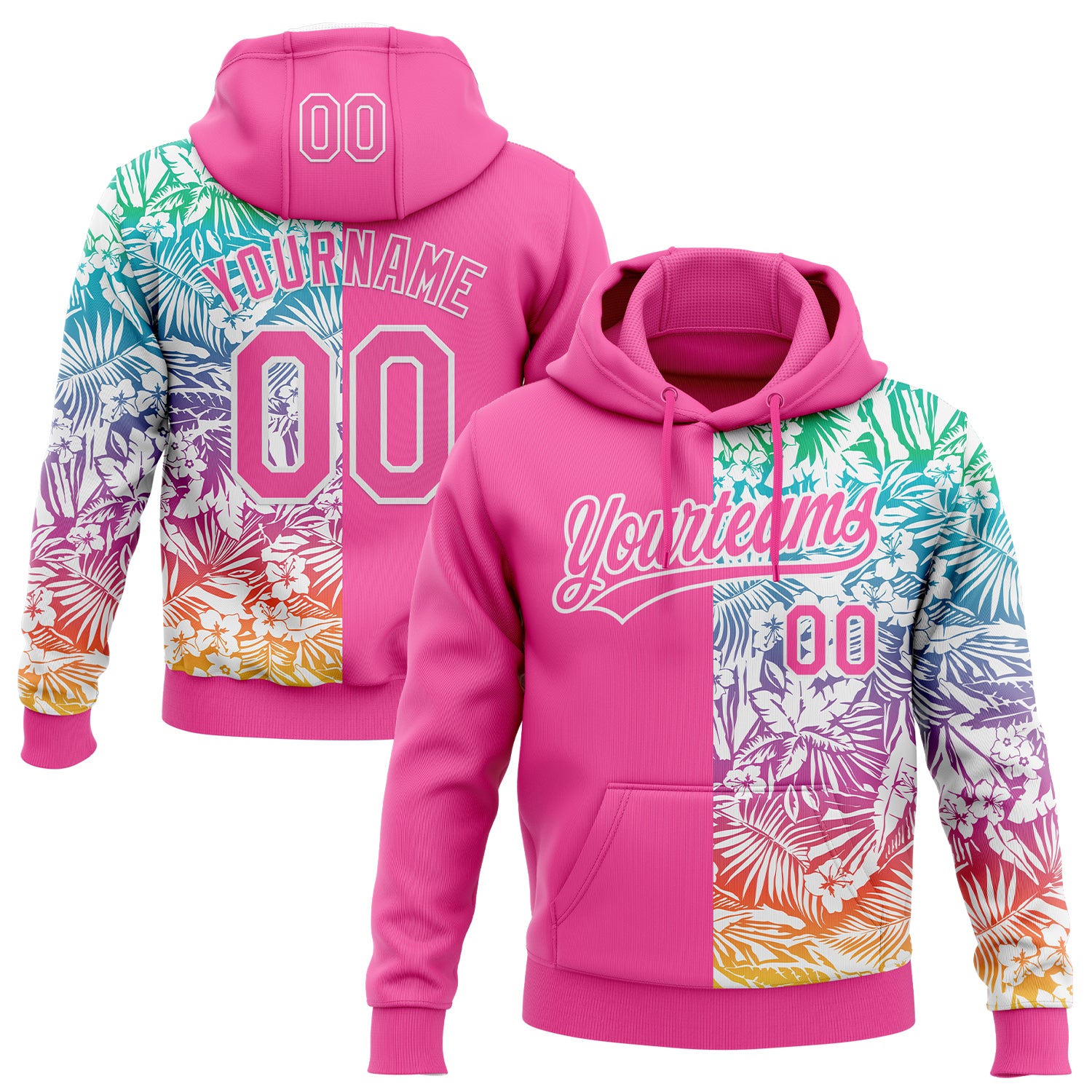 Custom Stitched Pink White Tropical Hawaii Palm Leaves Sports Pullover Sweatshirt Hoodie