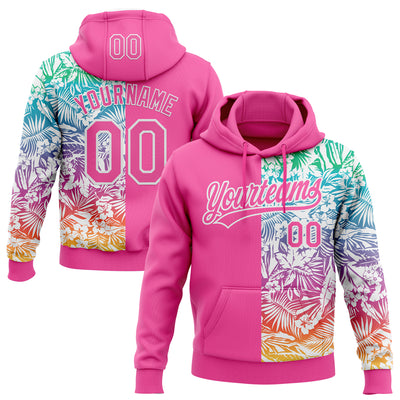 Custom Stitched Pink White Tropical Hawaii Palm Leaves Sports Pullover Sweatshirt Hoodie