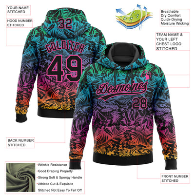Custom Stitched Black Pink Tropical Hawaii Palm Leaves Sports Pullover Sweatshirt Hoodie