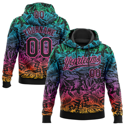 Custom Stitched Black Pink Tropical Hawaii Palm Leaves Sports Pullover Sweatshirt Hoodie