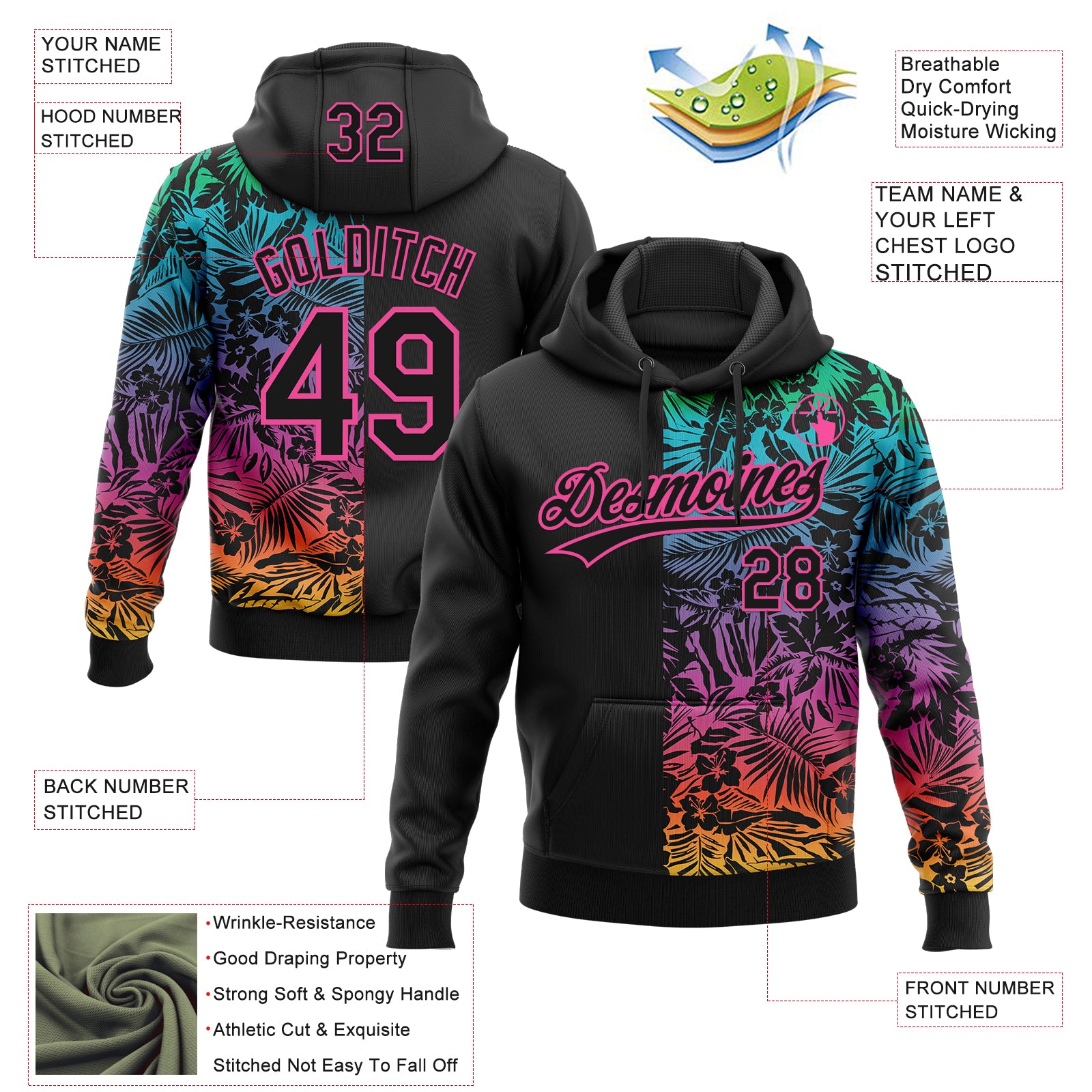 Custom Stitched Black Pink Tropical Hawaii Palm Leaves Sports Pullover Sweatshirt Hoodie